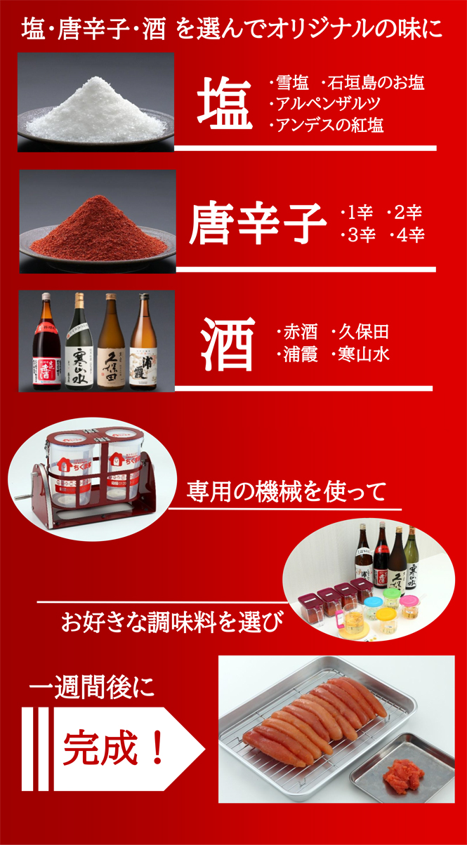 塩・唐辛子・酒を選んでオリジナルの味に。専用の機会を使って、お好きな調味料を選び、一週間後に完成！