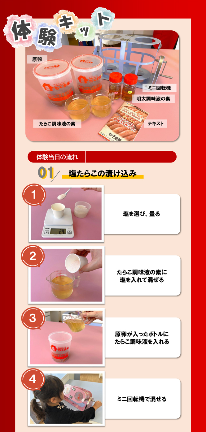 体験当日の流れ　①塩たらこの漬け込み