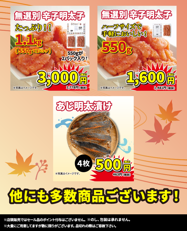 秋得セール開催！無選別辛子明太子 1.1kg 3000円、550g 1600円！