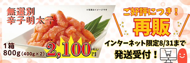 ご好評につき再販！1箱800g　無選別辛子明太子　インターネット限定 8/31まで発送受付